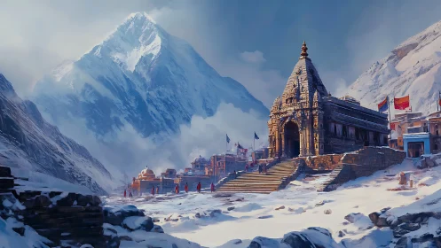 Stone mountain temple complex in snowy alpine valley.