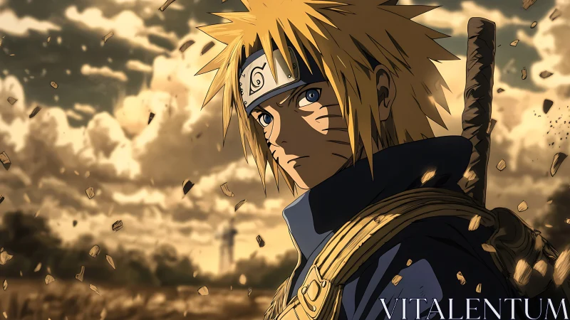 Determined blond ninja stands calm amid swirling golden dust.