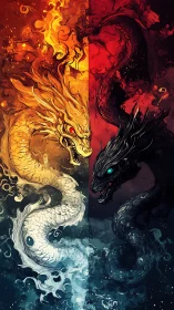 Twin elemental dragons coil in mirrored fire and shadow