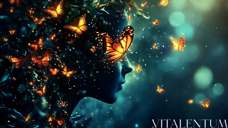 Bioluminescent monarch butterflies forming a luminous human profile