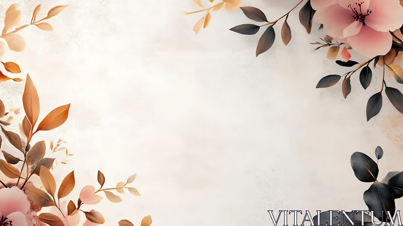 Watercolor floral border with autumn foliage and pink flowers on textured beige background