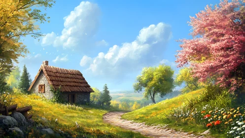 Stone cottage on sunlit hillside with flowering trees and path
