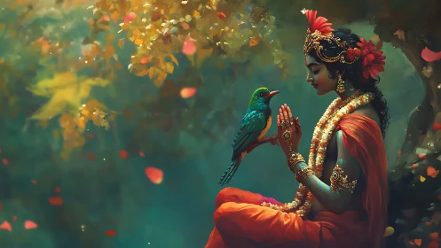 Figure in traditional attire sits by tree observing bird