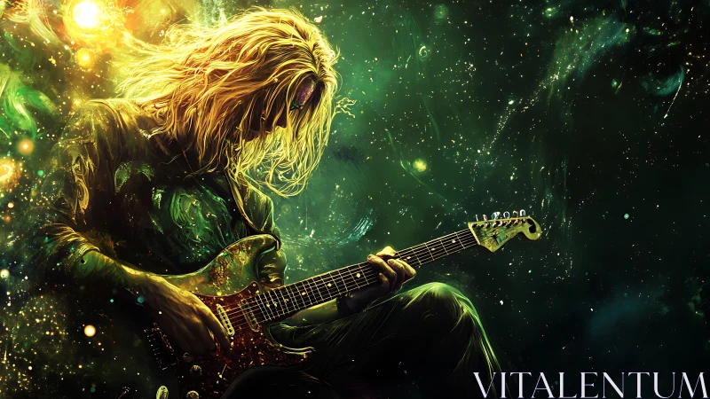 Cosmic guitarist lost in glowing green starlit dreams.