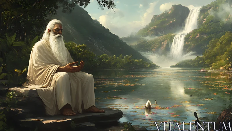 Serene sage rests by a lotus lake beneath cascading falls
