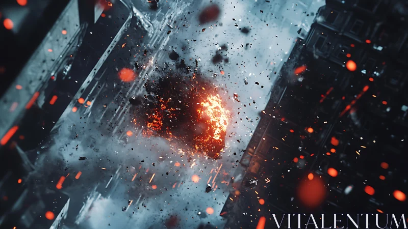 Urban explosion with debris and ember dispersal.