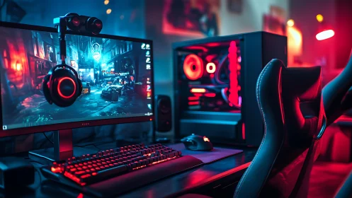 RGB-lit gaming workstation renders immersive neon cyber ambience