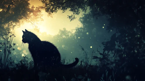 Silhouetted Feline Sentinel in Luminous Nocturnal Landscape