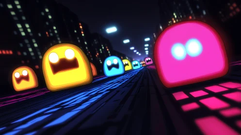 Neon ghost characters race through a futuristic digital cityscape