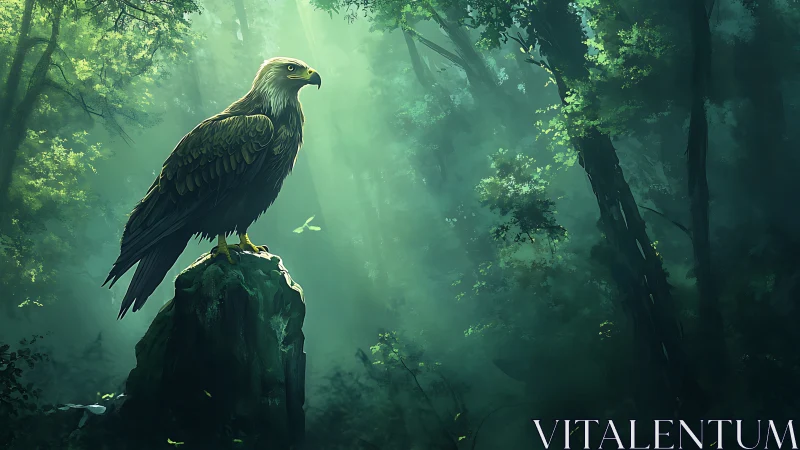 Majestic Eagle Perched on Rock in Misty Sunlit Forest, Digital Art.
