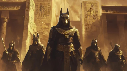 Armored jackal-headed warriors advance through sand-lit temple ruins