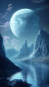 Icy alien coastline reflects massive luminous blue moon