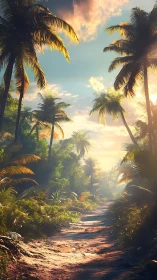 Sunlit tropical jungle path rendered in high-detail realism