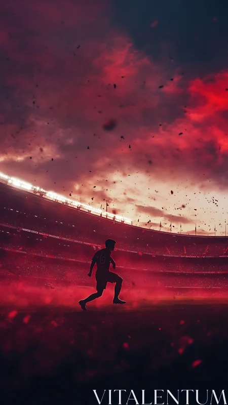 Lone footballer runs through fiery stadium haze at dusk