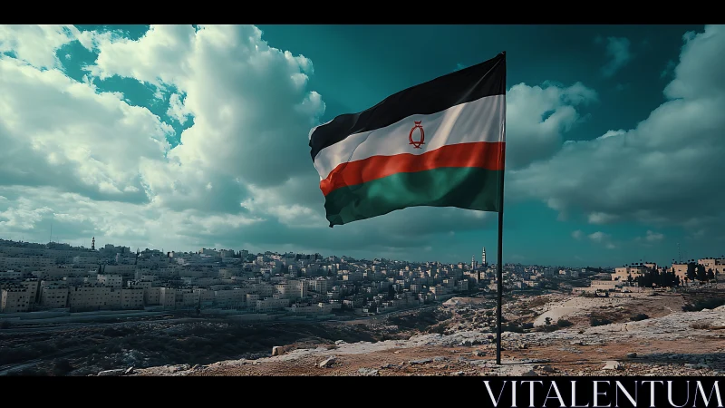 Fictional tricolor flag above expansive desert cityscape.