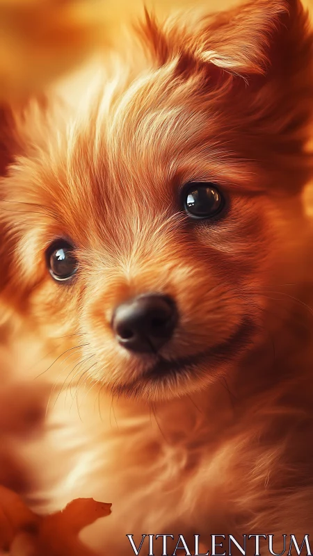 Soft golden puppy portrait in warm autumn glow closeup.