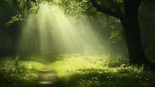 Sunlight streaming through forest trees in a tranquil, dreamy style.