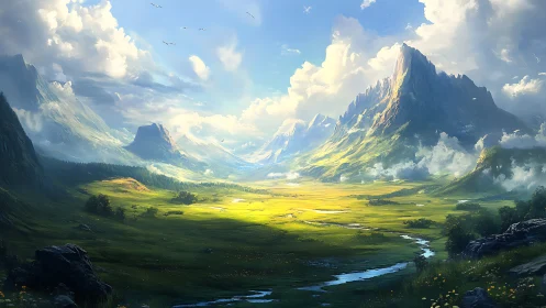 Sunlit mountain valley opens into wide green river plain