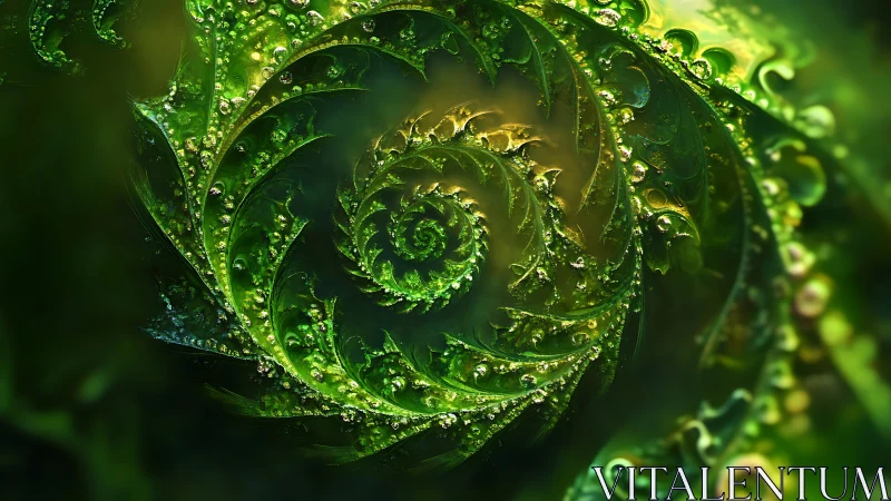 Emerald fractal spiral with crystalline dewlit foliage forms.