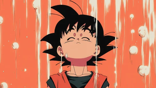 Anime child under vertical water streams, serene focus.