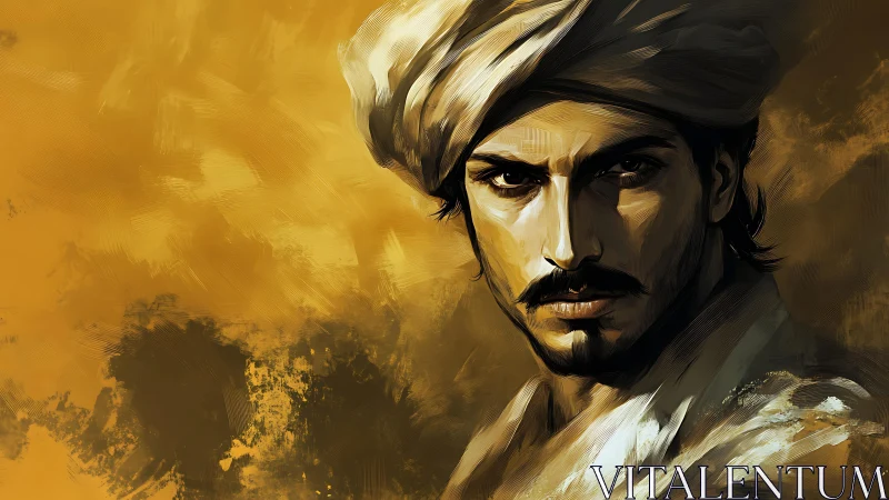 Intense turbaned portrait in golden brushwork chiaroscuro.