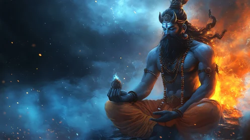 Mythic blue-skinned figure meditating amid fire and smoke.