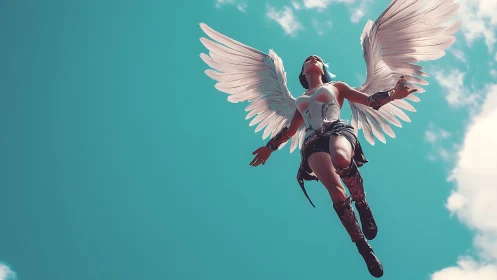 Winged armored female figure flying in clear turquoise sky.