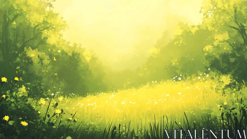 Sunlit meadow glows beneath soft, misty forest light.