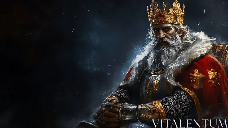 Elderly crowned king in ornate armor sits in dark space