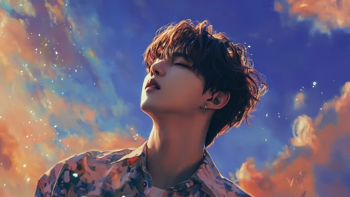 Dreamlit portrait under glowing sunset cloudscape sky.