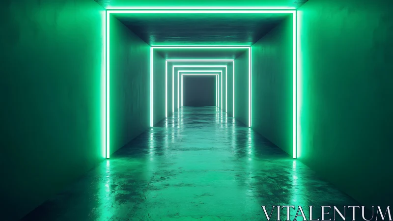 Neon corridor tunnel with luminous geometric light frames.