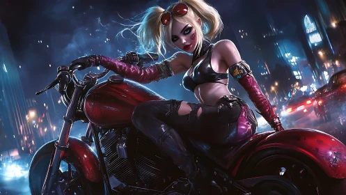 Blonde female biker on red motorcycle in night city street.