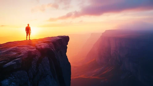 Sunrise glow welcomes a lone hiker on a soaring cliff edge