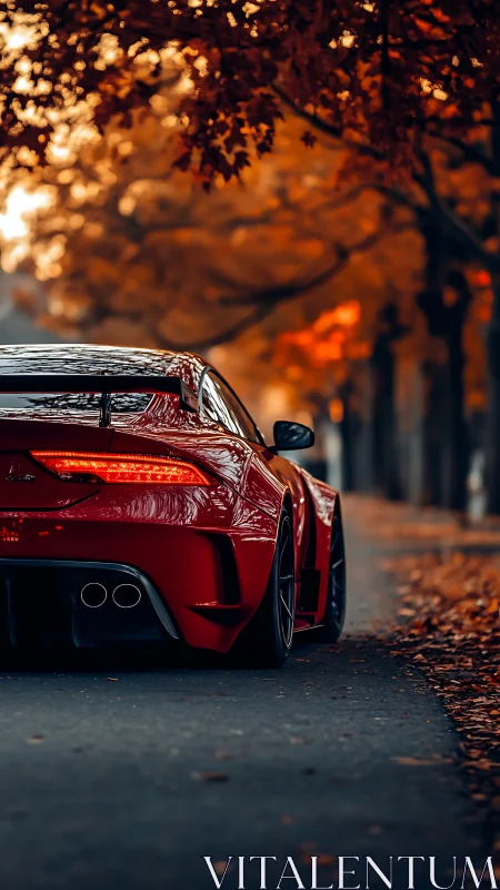 Red sports car glides through autumn forest alleyway road