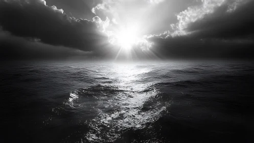 Dramatic monochrome ocean glows beneath piercing sunrise.
