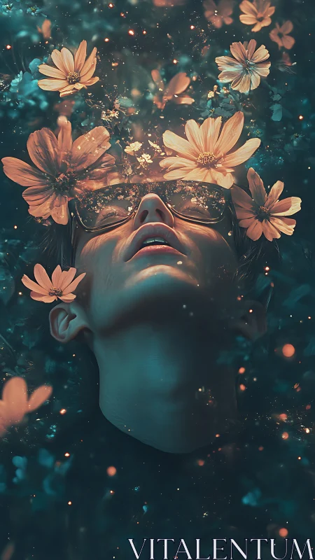 Figure lies among glowing flowers with luminous particle field