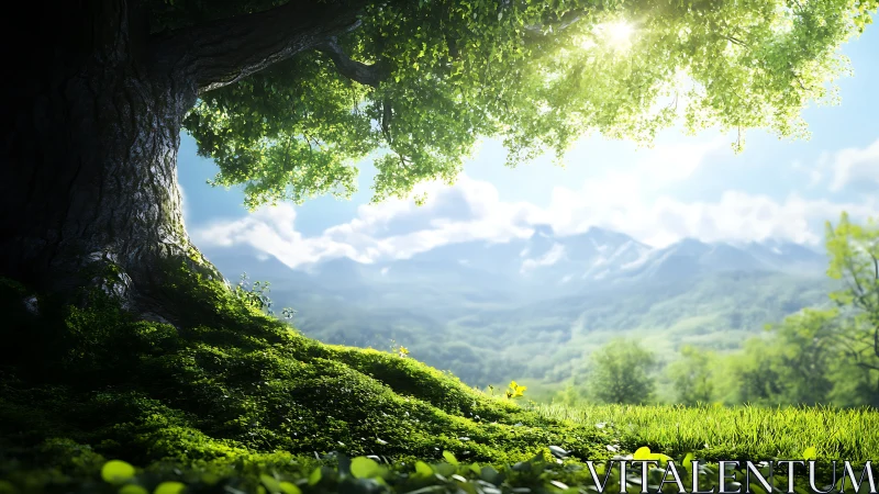 Ancient hillside guardian tree basking above emerald valleys.