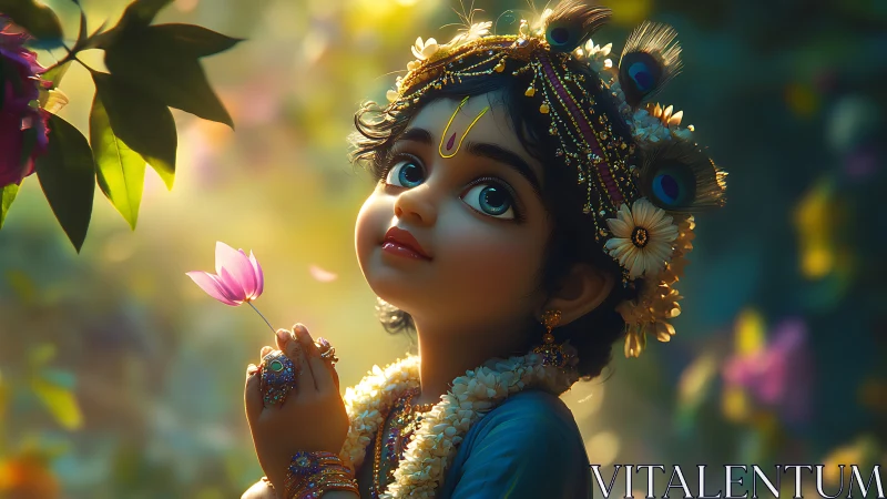 Child deity style character holding pink flower outdoors.