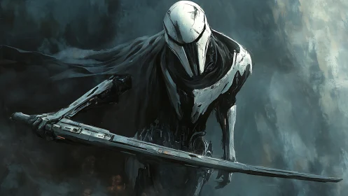 Armored humanoid figure holds elongated weapon in mist