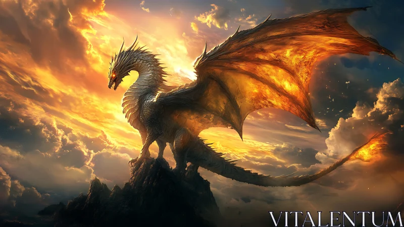 Fiery winged dragon stands on rocky peak at sunset sky
