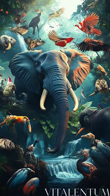Majestic forest elephant commands a vibrant jungle sky.