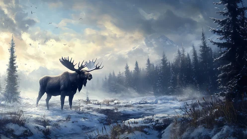 Bull moose strides through misty winter forest valley