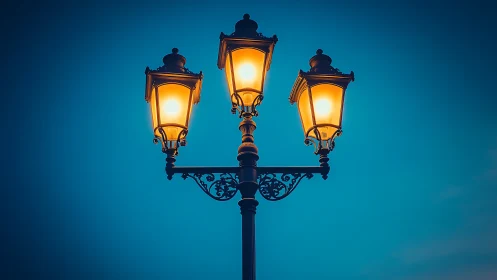 Triple lantern streetlight glows against deep twilight sky