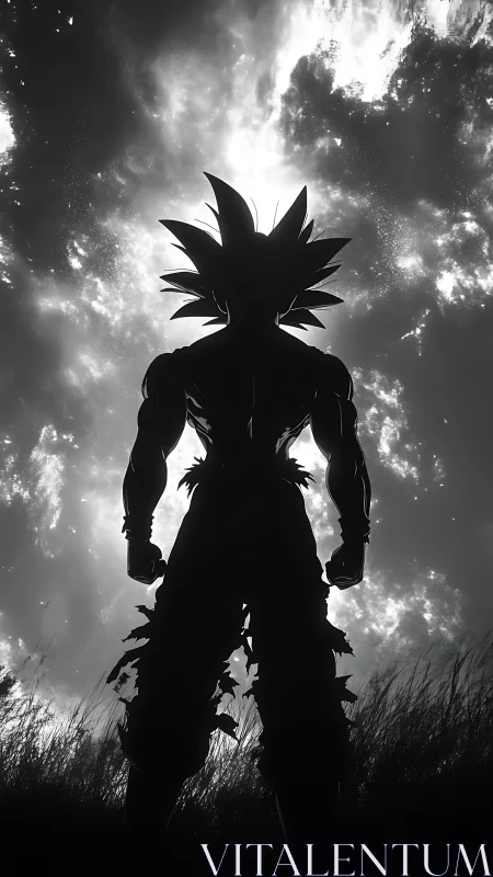 Silhouetted spiky haired figure under bright clouded sky.