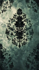 Ornate black damask floral motif overlays distressed teal field