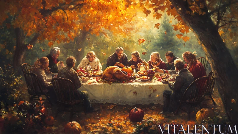 Autumn family feast under glowing maple canopy at dusk.