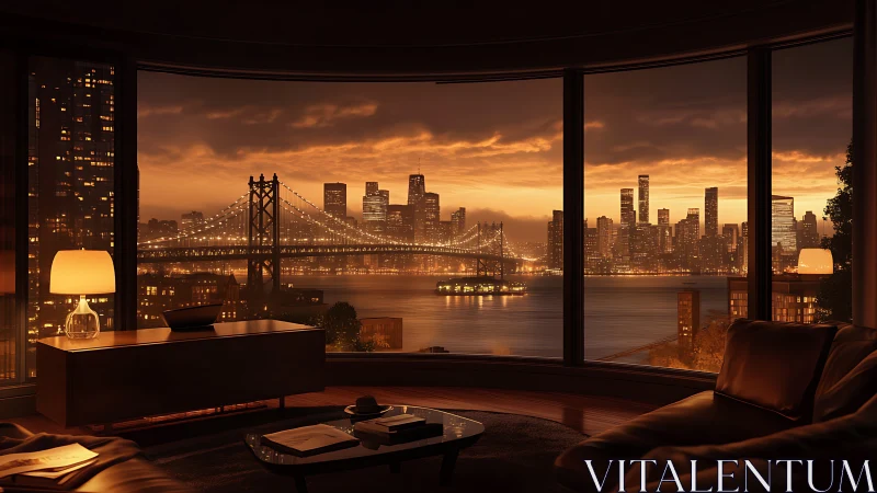 Panoramic loft interior overlooking illuminated suspension bridge