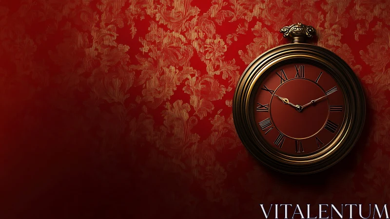 Baroque red wall clock in dramatic side-lit composition.
