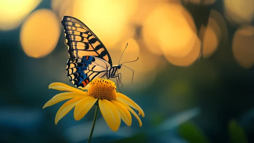 Swallowtail butterfly on yellow daisy in warm sunset light.