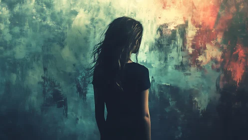 Backlit solitary figure against turbulent abstract chromatic field.